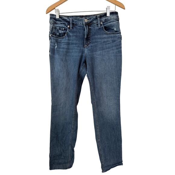 Silver Jeans Co. Medium Blue Wash Light Distressed High Rise Boyfriend Jeans-30" - Picture 1 of 6